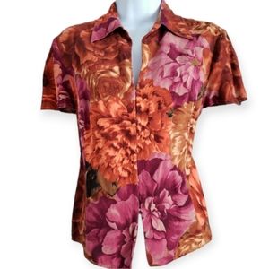 NWOT Grace Element orange pink purple floral silk linen blouse top Womens 10